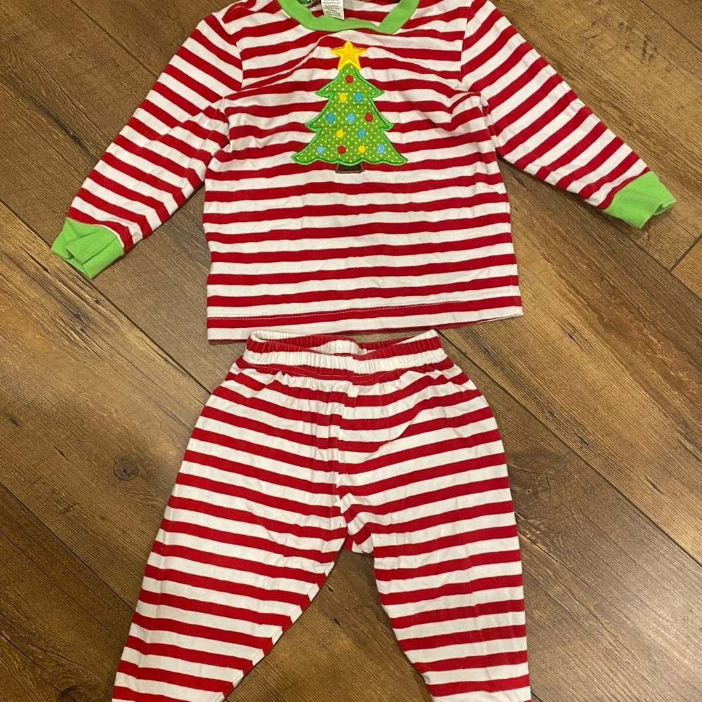 Striped Red and White Kids Pajama Set with Christmas Tree